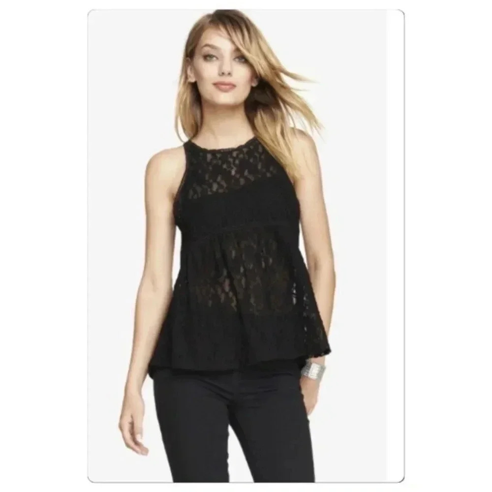 Express Black Railroad Trim Lace Babydoll‎ Tank med